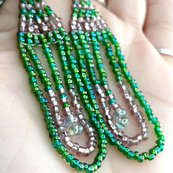 Boho Chic Beaded Dangle Earrings, Pink & Green, Seed Bead Jewelry, 3.5" - Picture 9 of 9